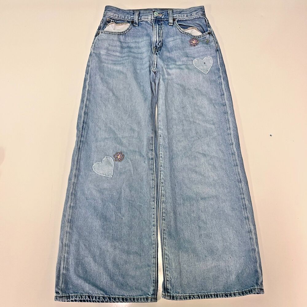Old Navy Sz 14 High Rise Super Baggy Wide Leg Jeans Adjustable Waist Embroidered